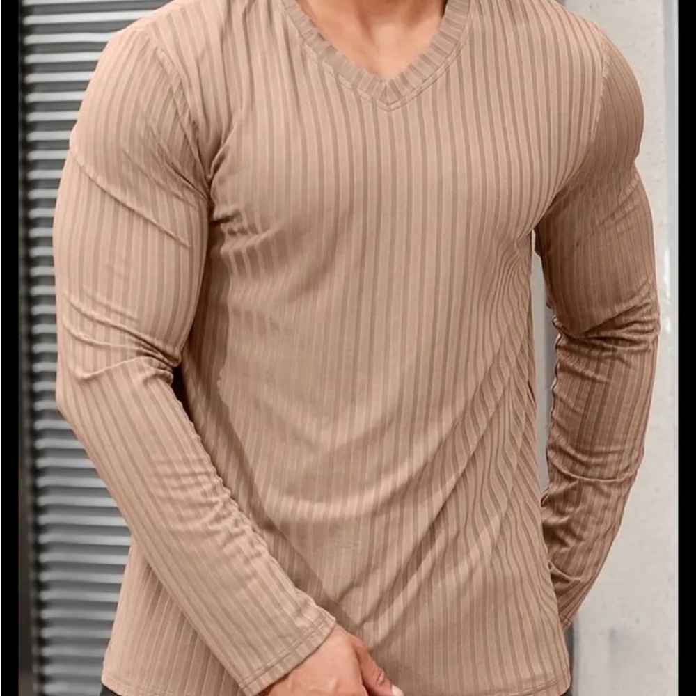 Men's Ribbed V-Neck Long Sleeve Shirt - Tan